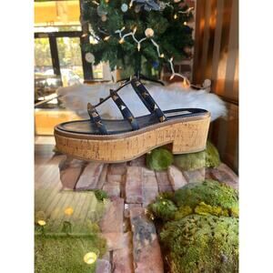 VALENTINO Navy Blue Rockstud Cork Sandals SZ 37.5